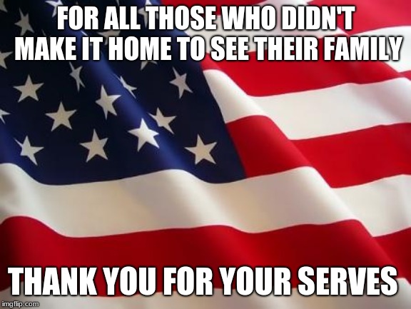 American flag | FOR ALL THOSE WHO DIDN'T MAKE IT HOME TO SEE THEIR FAMILY; THANK YOU FOR YOUR SERVES | image tagged in american flag | made w/ Imgflip meme maker