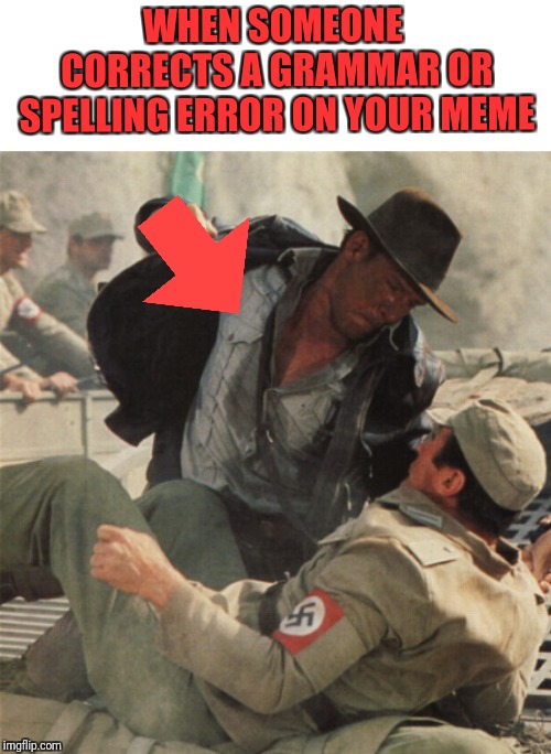Indiana Jones Punching Nazis |  WHEN SOMEONE CORRECTS A GRAMMAR OR SPELLING ERROR ON YOUR MEME | image tagged in indiana jones punching nazis | made w/ Imgflip meme maker