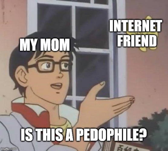 My Mom and Internet Friends | INTERNET FRIEND; MY MOM; IS THIS A PEDOPHILE? | image tagged in memes,is this a pigeon | made w/ Imgflip meme maker