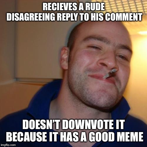 Good Guy Greg Meme | RECIEVES A RUDE DISAGREEING REPLY TO HIS COMMENT; DOESN’T DOWNVOTE IT BECAUSE IT HAS A GOOD MEME | image tagged in memes,good guy greg | made w/ Imgflip meme maker