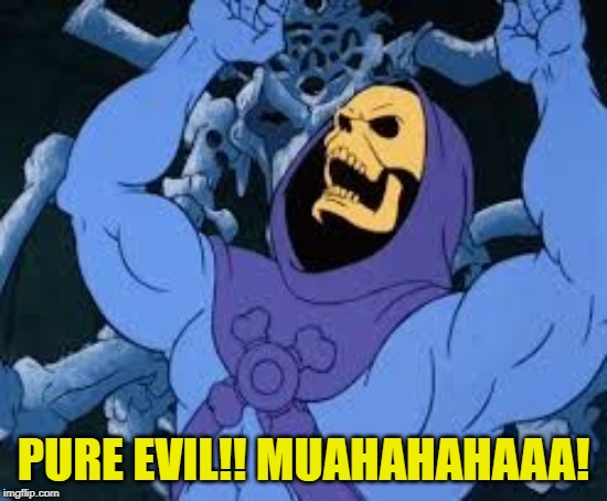 Evil Laugh Skeletor | PURE EVIL!! MUAHAHAHAAA! | image tagged in evil laugh skeletor | made w/ Imgflip meme maker