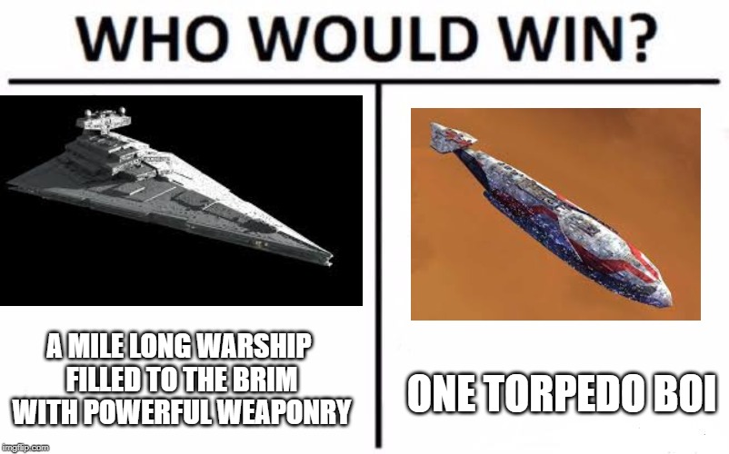 Who Would Win? Meme | A MILE LONG WARSHIP FILLED TO THE BRIM WITH POWERFUL WEAPONRY; ONE TORPEDO BOI | image tagged in memes,who would win | made w/ Imgflip meme maker
