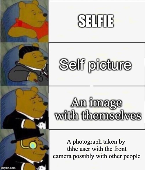 Tuxedo Winnie the Pooh 4 panel | SELFIE; Self picture; An image with themselves; A photograph taken by thhe user with the front camera possibly with other people | image tagged in tuxedo winnie the pooh 4 panel | made w/ Imgflip meme maker