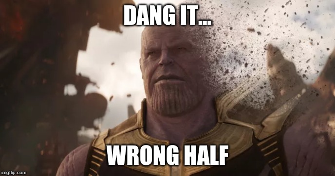 DANG IT... WRONG HALF | image tagged in endgame,thanos | made w/ Imgflip meme maker