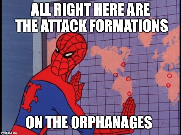 Attack formations | ALL RIGHT HERE ARE THE ATTACK FORMATIONS; ON THE ORPHANAGES | image tagged in spiderman,orphanages | made w/ Imgflip meme maker