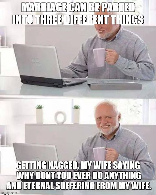 How Marriage Really Is | MARRIAGE CAN BE PARTED INTO THREE DIFFERENT THINGS; GETTING NAGGED, MY WIFE SAYING WHY DONT YOU EVER DO ANYTHING AND ETERNAL SUFFERING FROM MY WIFE. | image tagged in hide the pain harold,end my suffering,nagging wife,husband wife,life lessons | made w/ Imgflip meme maker