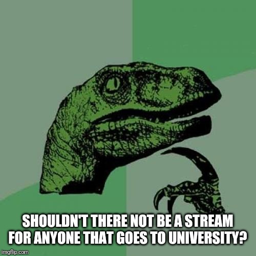 Philosoraptor Meme | SHOULDN'T THERE NOT BE A STREAM FOR ANYONE THAT GOES TO UNIVERSITY? | image tagged in memes,philosoraptor | made w/ Imgflip meme maker