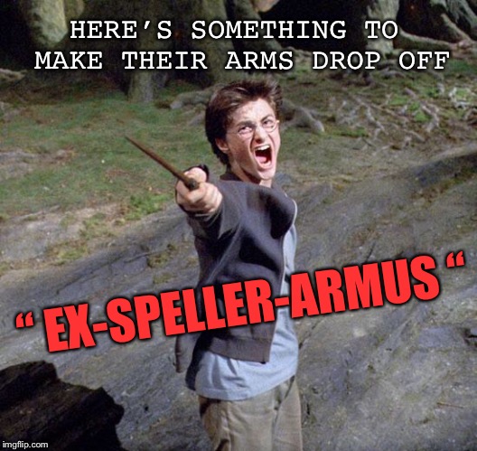 Harry potter | “ EX-SPELLER-ARMUS “ HERE’S SOMETHING TO MAKE THEIR ARMS DROP OFF | image tagged in harry potter | made w/ Imgflip meme maker