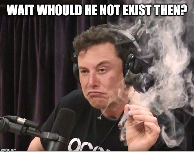 Elon Musk smoking a joint | WAIT WHOULD HE NOT EXIST THEN? | image tagged in elon musk smoking a joint | made w/ Imgflip meme maker