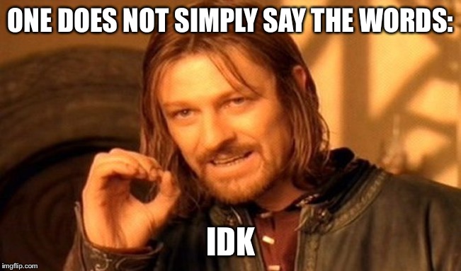 One Does Not Simply | ONE DOES NOT SIMPLY SAY THE WORDS:; IDK | image tagged in memes,one does not simply | made w/ Imgflip meme maker