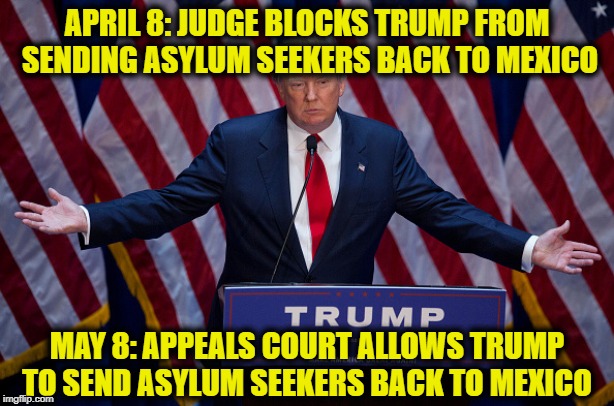 Donald Trump | APRIL 8: JUDGE BLOCKS TRUMP FROM SENDING ASYLUM SEEKERS BACK TO MEXICO; MAY 8: APPEALS COURT ALLOWS TRUMP TO SEND ASYLUM SEEKERS BACK TO MEXICO | image tagged in donald trump | made w/ Imgflip meme maker