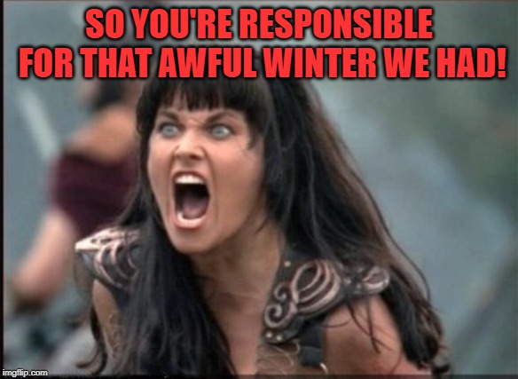 Screaming Woman | SO YOU'RE RESPONSIBLE FOR THAT AWFUL WINTER WE HAD! | image tagged in screaming woman | made w/ Imgflip meme maker