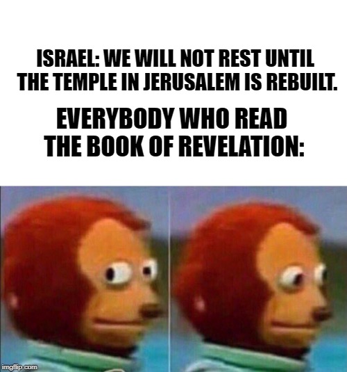 I'm not going to be a part of this | ISRAEL: WE WILL NOT REST UNTIL THE TEMPLE IN JERUSALEM IS REBUILT. EVERYBODY WHO READ THE BOOK OF REVELATION: | image tagged in memes,scared puppet,israel,bible,christian | made w/ Imgflip meme maker