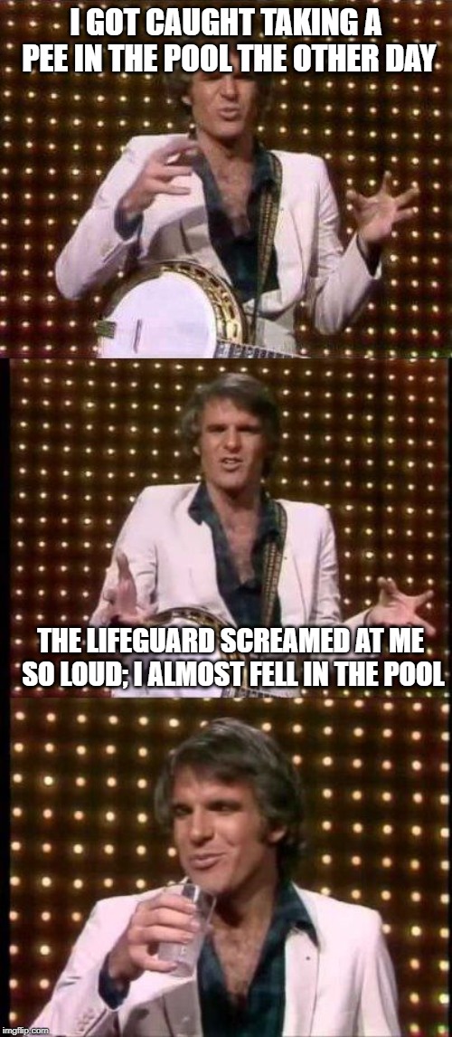 steve martin bad joke | I GOT CAUGHT TAKING A PEE IN THE POOL THE OTHER DAY; THE LIFEGUARD SCREAMED AT ME SO LOUD; I ALMOST FELL IN THE POOL | image tagged in steve martin bad joke | made w/ Imgflip meme maker