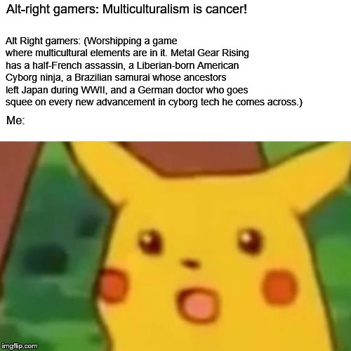 Surprised Pikachu | Alt-right gamers: Multiculturalism is cancer! Alt Right gamers: (Worshipping a game where multicultural elements are in it. Metal Gear Rising has a half-French assassin, a Liberian-born American Cyborg ninja, a Brazilian samurai whose ancestors left Japan during WWII, and a German doctor who goes squee on every new advancement in cyborg tech he comes across.); Me: | image tagged in memes,surprised pikachu | made w/ Imgflip meme maker