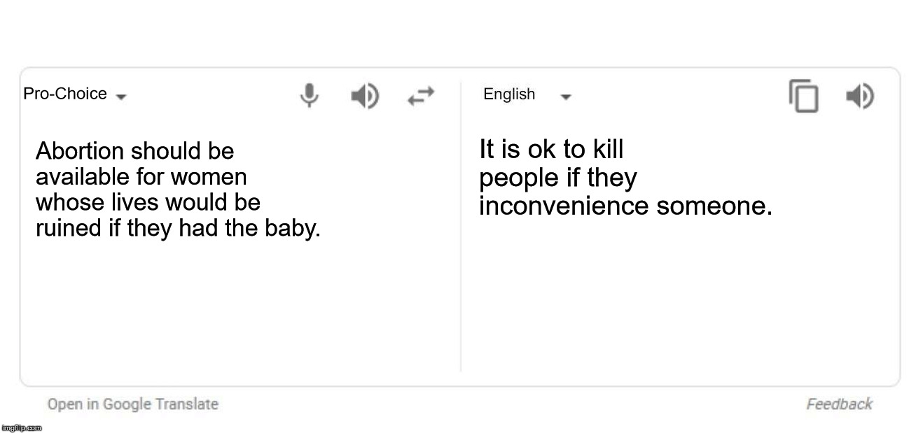 Google Translate | Pro-Choice; It is ok to kill people if they inconvenience someone. Abortion should be available for women whose lives would be ruined if they had the baby. | image tagged in google translate | made w/ Imgflip meme maker