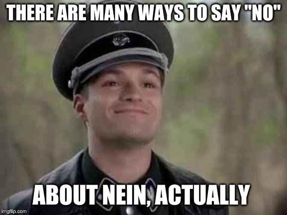 grammar nazi | THERE ARE MANY WAYS TO SAY "NO" ABOUT NEIN, ACTUALLY | image tagged in grammar nazi | made w/ Imgflip meme maker