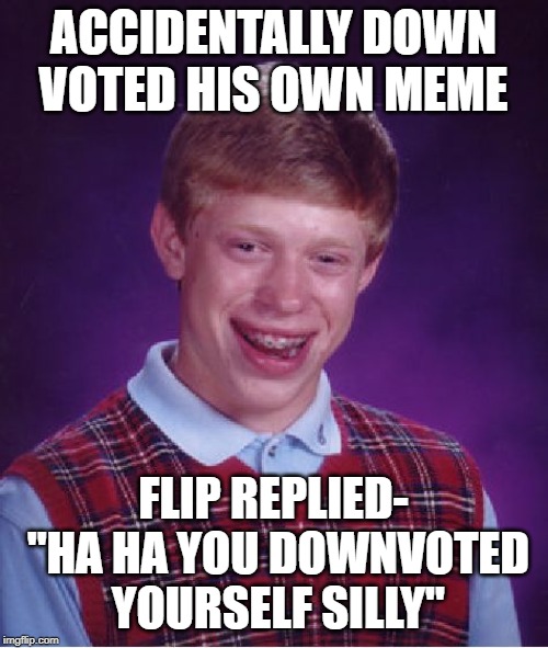 Bad Luck Brian Meme | ACCIDENTALLY DOWN VOTED HIS OWN MEME FLIP REPLIED- "HA HA YOU DOWNVOTED YOURSELF SILLY" | image tagged in memes,bad luck brian | made w/ Imgflip meme maker