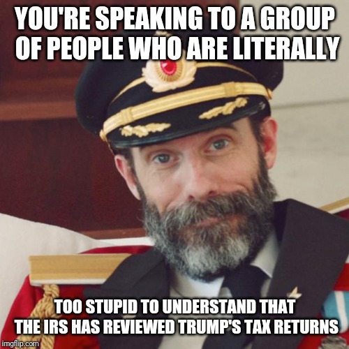 Captain Obvious | YOU'RE SPEAKING TO A GROUP OF PEOPLE WHO ARE LITERALLY TOO STUPID TO UNDERSTAND THAT THE IRS HAS REVIEWED TRUMP'S TAX RETURNS | image tagged in captain obvious | made w/ Imgflip meme maker