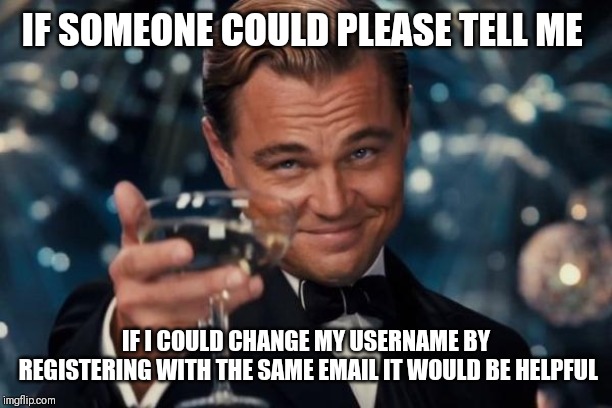 Leonardo Dicaprio Cheers | IF SOMEONE COULD PLEASE TELL ME; IF I COULD CHANGE MY USERNAME BY REGISTERING WITH THE SAME EMAIL IT WOULD BE HELPFUL | image tagged in memes,leonardo dicaprio cheers | made w/ Imgflip meme maker