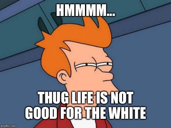 Futurama Fry Meme | HMMMM... THUG LIFE IS NOT GOOD FOR THE WHITE | image tagged in memes,futurama fry | made w/ Imgflip meme maker
