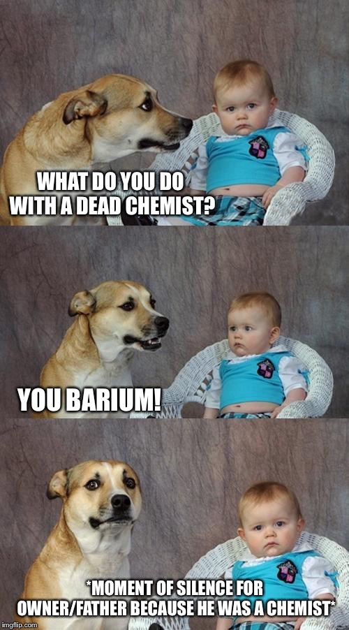 A Dead Joke | WHAT DO YOU DO WITH A DEAD CHEMIST? YOU BARIUM! *MOMENT OF SILENCE FOR OWNER/FATHER BECAUSE HE WAS A CHEMIST* | image tagged in memes,dad joke dog,funny,dark humor,bad puns,jokes | made w/ Imgflip meme maker