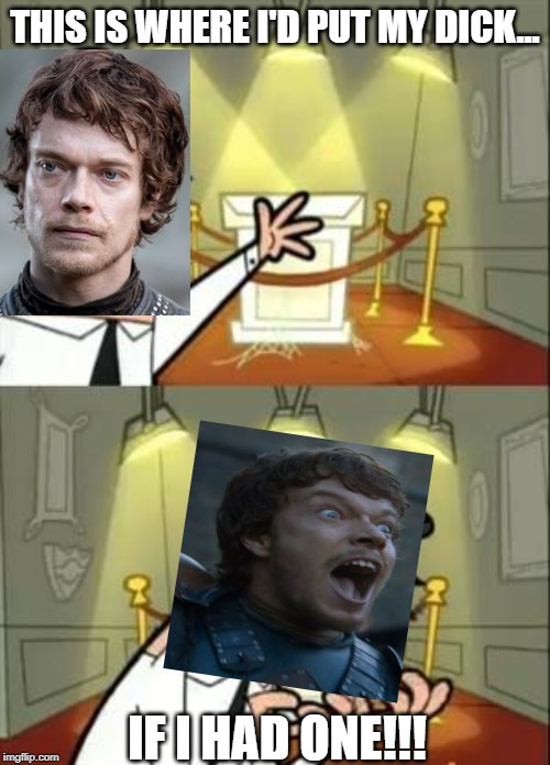 Poor Theon... | THIS IS WHERE I'D PUT MY DICK... IF I HAD ONE!!! | image tagged in theon greyjoy | made w/ Imgflip meme maker