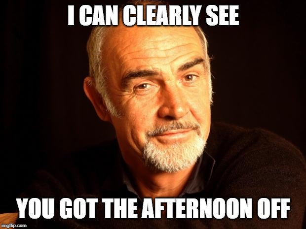 Sean Connery Of Coursh | I CAN CLEARLY SEE YOU GOT THE AFTERNOON OFF | image tagged in sean connery of coursh | made w/ Imgflip meme maker