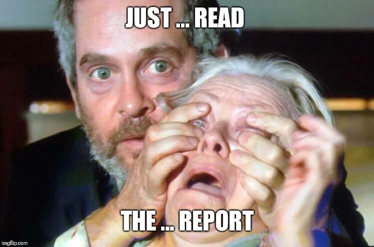 OPEN YOUR EYES | JUST ... READ; THE ... REPORT | image tagged in open your eyes | made w/ Imgflip meme maker