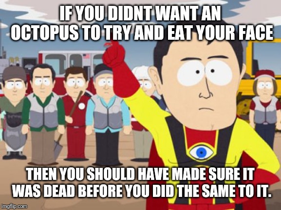 Captain Hindsight | IF YOU DIDNT WANT AN OCTOPUS TO TRY AND EAT YOUR FACE; THEN YOU SHOULD HAVE MADE SURE IT WAS DEAD BEFORE YOU DID THE SAME TO IT. | image tagged in memes,captain hindsight,AdviceAnimals | made w/ Imgflip meme maker