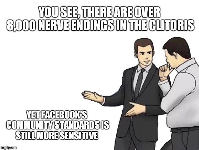 Car Salesman Slaps Hood | YOU SEE, THERE ARE OVER 8,000 NERVE ENDINGS IN THE CLITORIS; YET FACEBOOK'S COMMUNITY STANDARDS IS STILL MORE SENSITIVE | image tagged in memes,car salesman slaps hood | made w/ Imgflip meme maker