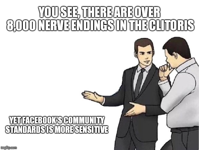 Car Salesman Slaps Hood Meme | YOU SEE, THERE ARE OVER 8,000 NERVE ENDINGS IN THE CLITORIS; YET FACEBOOK'S COMMUNITY STANDARDS IS MORE SENSITIVE | image tagged in memes,car salesman slaps hood | made w/ Imgflip meme maker