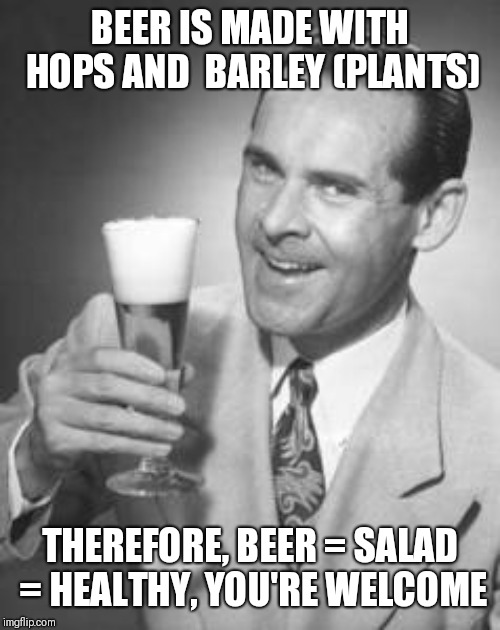 Guy Beer | BEER IS MADE WITH HOPS AND  BARLEY (PLANTS) THEREFORE, BEER = SALAD = HEALTHY, YOU'RE WELCOME | image tagged in guy beer | made w/ Imgflip meme maker
