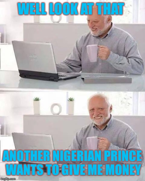Hide the Pain Harold Meme | WELL LOOK AT THAT; ANOTHER NIGERIAN PRINCE WANTS TO GIVE ME MONEY | image tagged in memes,hide the pain harold | made w/ Imgflip meme maker