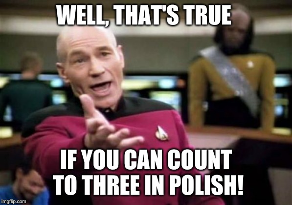 Picard Wtf Meme | WELL, THAT'S TRUE IF YOU CAN COUNT TO THREE IN POLISH! | image tagged in memes,picard wtf | made w/ Imgflip meme maker