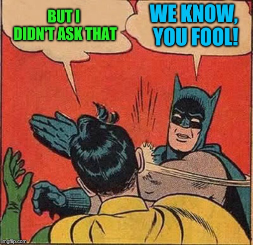 Batman Slapping Robin Meme | BUT I DIDN'T ASK THAT WE KNOW, YOU FOOL! | image tagged in memes,batman slapping robin | made w/ Imgflip meme maker