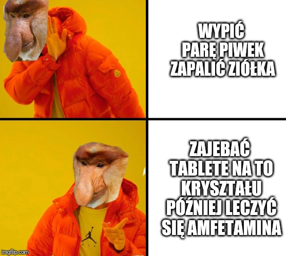 nosacz drake | WYPIĆ PARĘ PIWEK ZAPALIĆ ZIÓŁKA; ZAJEBAĆ TABLETE NA TO KRYSZTAŁU PÓŹNIEJ LECZYĆ SIĘ AMFETAMINA | image tagged in nosacz drake | made w/ Imgflip meme maker