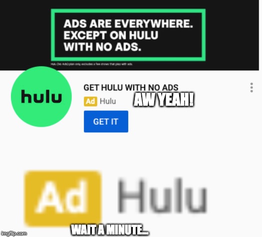 AW YEAH! WAIT A MINUTE... | image tagged in hulu,noads,waitaminute | made w/ Imgflip meme maker