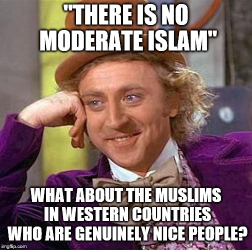 Creepy Condescending Wonka Meme | "THERE IS NO MODERATE ISLAM" WHAT ABOUT THE MUSLIMS IN WESTERN COUNTRIES WHO ARE GENUINELY NICE PEOPLE? | image tagged in memes,creepy condescending wonka | made w/ Imgflip meme maker