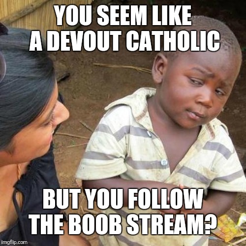 Third World Skeptical Kid Meme | YOU SEEM LIKE A DEVOUT CATHOLIC BUT YOU FOLLOW THE BOOB STREAM? | image tagged in memes,third world skeptical kid | made w/ Imgflip meme maker