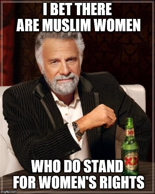 The Most Interesting Man In The World Meme | I BET THERE ARE MUSLIM WOMEN WHO DO STAND FOR WOMEN'S RIGHTS | image tagged in memes,the most interesting man in the world | made w/ Imgflip meme maker