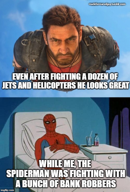 madeformarvelguy.tumblr.com; EVEN AFTER FIGHTING A DOZEN OF JETS AND HELICOPTERS HE LOOKS GREAT; WHILE ME, THE SPIDERMAN WAS FIGHTING WITH A BUNCH OF BANK ROBBERS | image tagged in memes,spiderman hospital | made w/ Imgflip meme maker