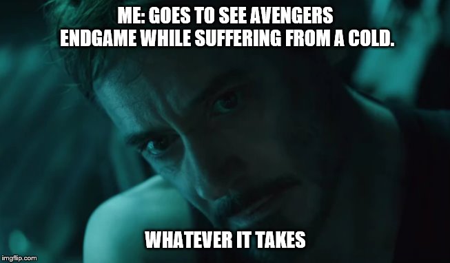 Whatever It Takes | ME: GOES TO SEE AVENGERS ENDGAME WHILE SUFFERING FROM A COLD. WHATEVER IT TAKES | image tagged in whatever it takes | made w/ Imgflip meme maker