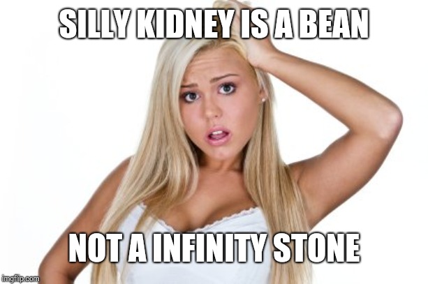 Dumb Blonde | SILLY KIDNEY IS A BEAN NOT A INFINITY STONE | image tagged in dumb blonde | made w/ Imgflip meme maker