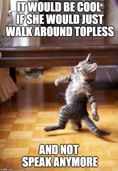 Cool Cat Stroll Meme | IT WOULD BE COOL IF SHE WOULD JUST WALK AROUND TOPLESS AND NOT SPEAK ANYMORE | image tagged in memes,cool cat stroll | made w/ Imgflip meme maker