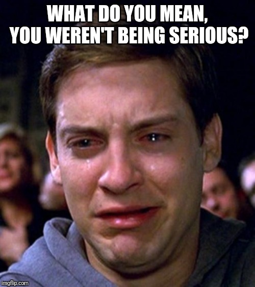 crying peter parker | WHAT DO YOU MEAN, YOU WEREN'T BEING SERIOUS? | image tagged in crying peter parker | made w/ Imgflip meme maker
