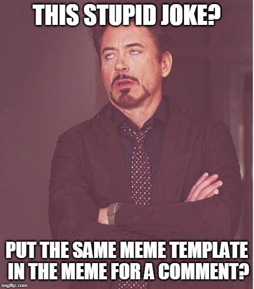 Face You Make Robert Downey Jr Meme | THIS STUPID JOKE? PUT THE SAME MEME TEMPLATE IN THE MEME FOR A COMMENT? | image tagged in memes,face you make robert downey jr | made w/ Imgflip meme maker