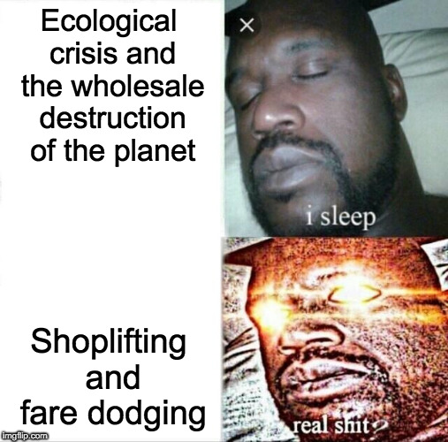Sleeping Shaq Meme | Ecological crisis and the wholesale destruction of the planet; Shoplifting and fare dodging | image tagged in memes,sleeping shaq | made w/ Imgflip meme maker