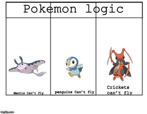 Pokémon Logic | Pokemon logic; Crickets can’t fly; Mantis Can’t fly; penguins Can’t fly | image tagged in pokemon,logic,common sense | made w/ Imgflip meme maker