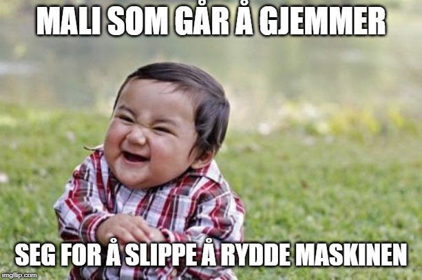 Evil Toddler Meme | MALI SOM GÅR Å GJEMMER; SEG FOR Å SLIPPE Å RYDDE MASKINEN | image tagged in memes,evil toddler | made w/ Imgflip meme maker